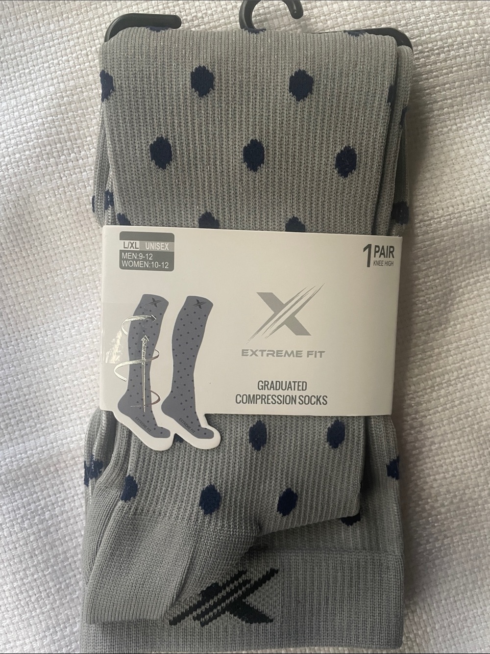 Grey + Navy Polka Dots Compression Socks size L/XL 15-20mmHg compression NEW